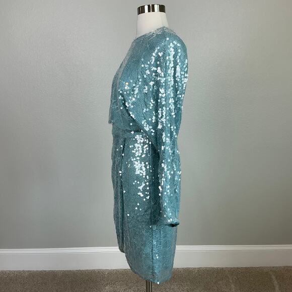 Aidan Mattox Sequined Lace Long Sleeve Cocktail Dress Blue Size 6 Mini Sheath - Picture 5 of 13
